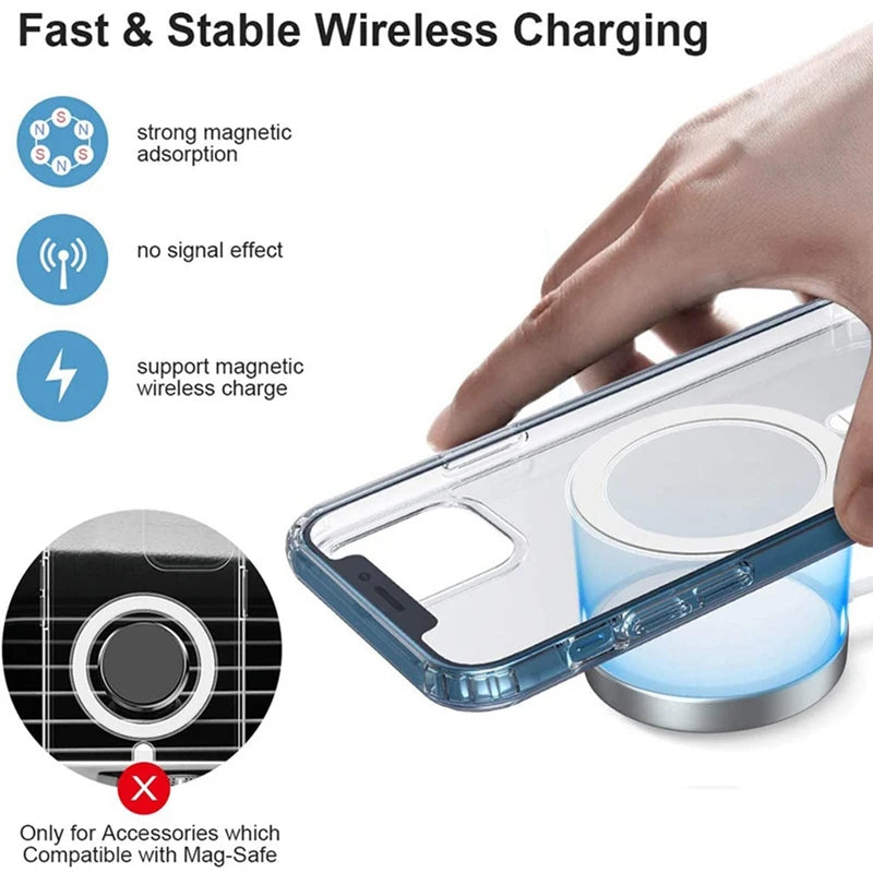 Clear Phone Case For iPhone 11 12 13 14 15 Pro Max For Magsafe Magnetic Wireless Charging Magsafe Case 7 8 XR XsMax Cover Case